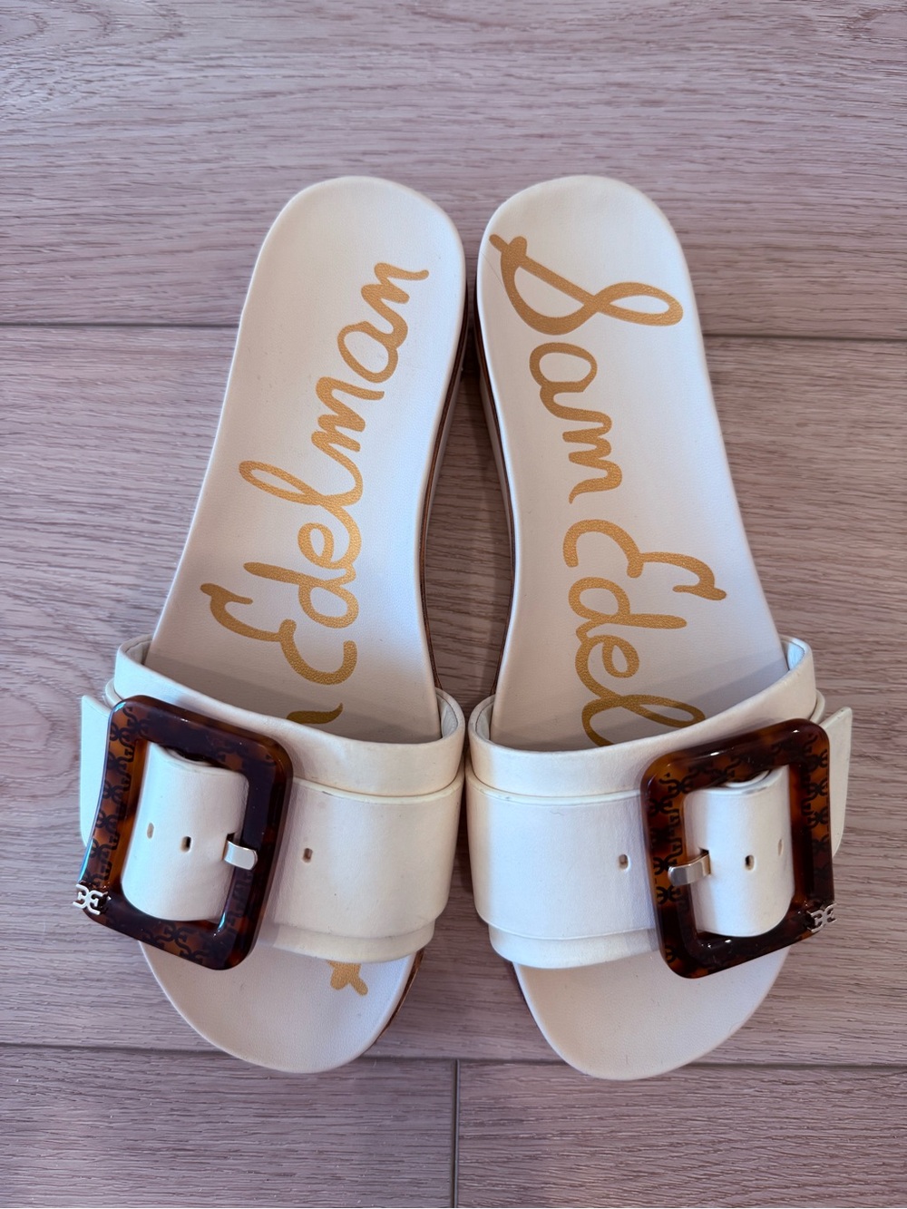 Sam Edelman Cream Slide Mules with Tortoiseshell Buckles